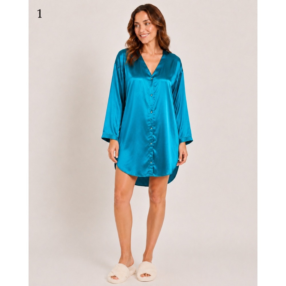 Vintage Victoria's Secret Sleep Shirt Womens M/L Blue Pearl Button Gold Label